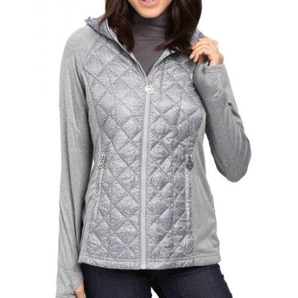 Michael Kors Short Diamond Quilt Down w/Knit Sleeves Gunmetal Women's Coat - L